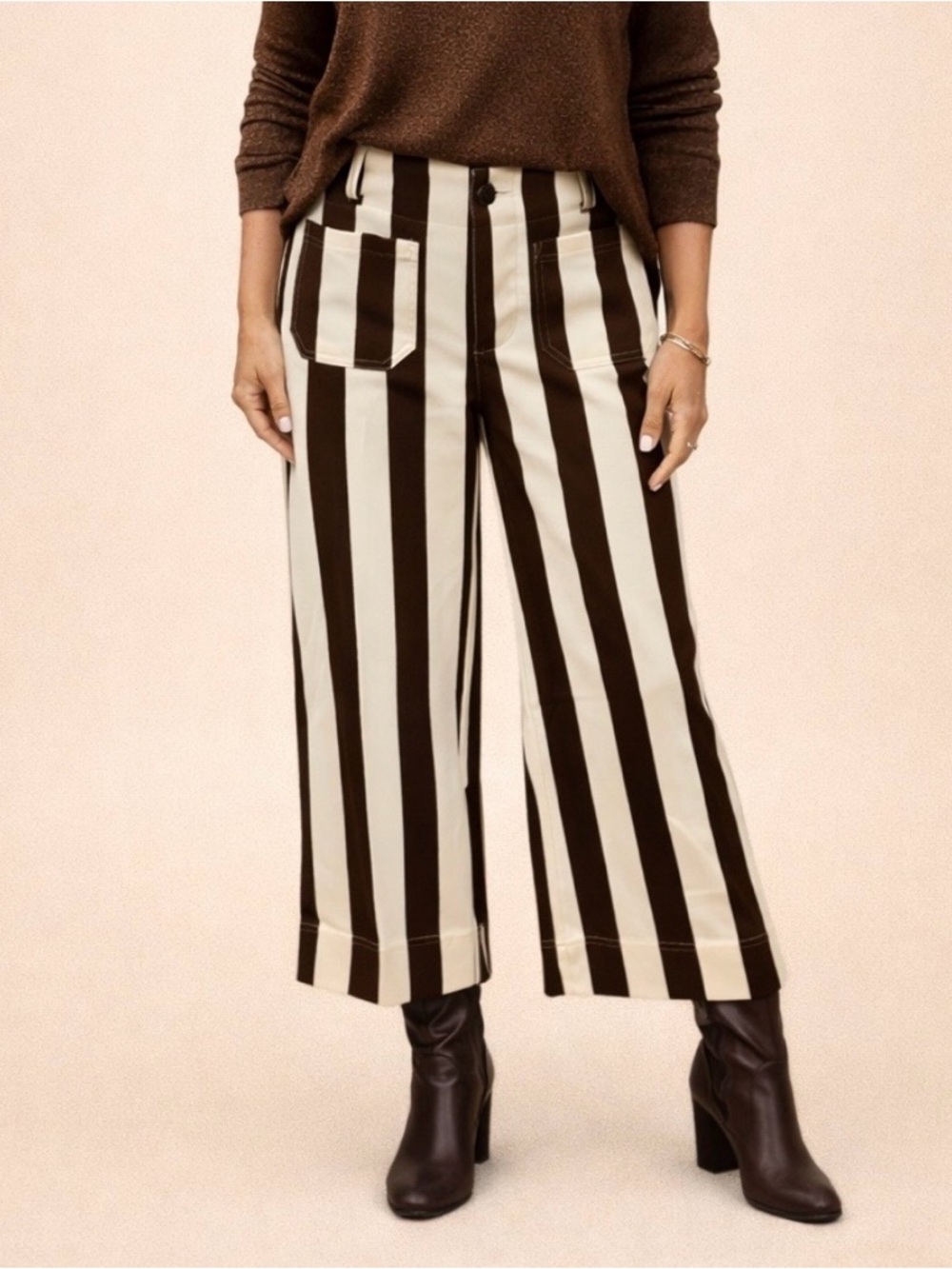 Glam Striped Wide-Leg Pants in Brown and Cream Size Large NWOT